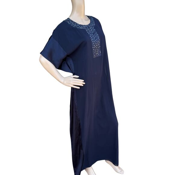 St. John Evening 8 Navy Silk Embellished Jeweled Maxi Dress Batwing Sleeve - Picture 3 of 8
